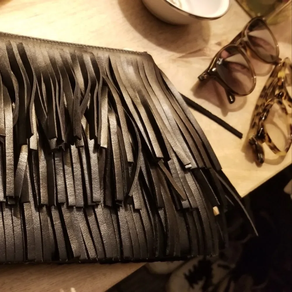 Yves Saint Laurent \ Black Leather Tassle Fringe Clutch